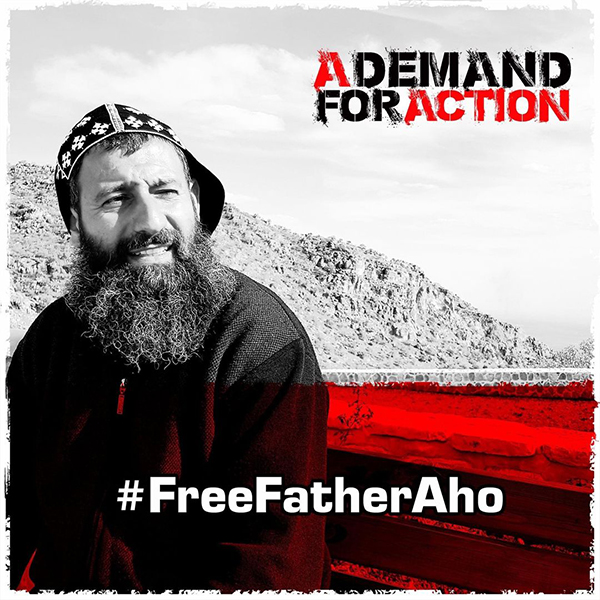 Bild på munken Fader Aho för kampanjen #FreeFatherAho #ADemandForAction #ADFA