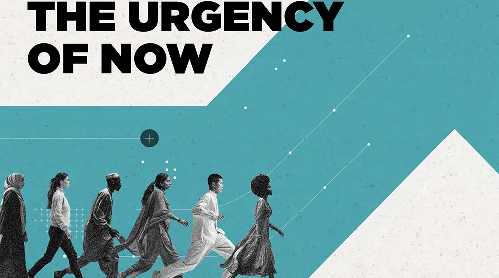 På omslaget till en ny rapport med titeln "Urgency Now" avbildas en handfull människor med olika etniciteter, varav några bär huvudbonader, i profil.